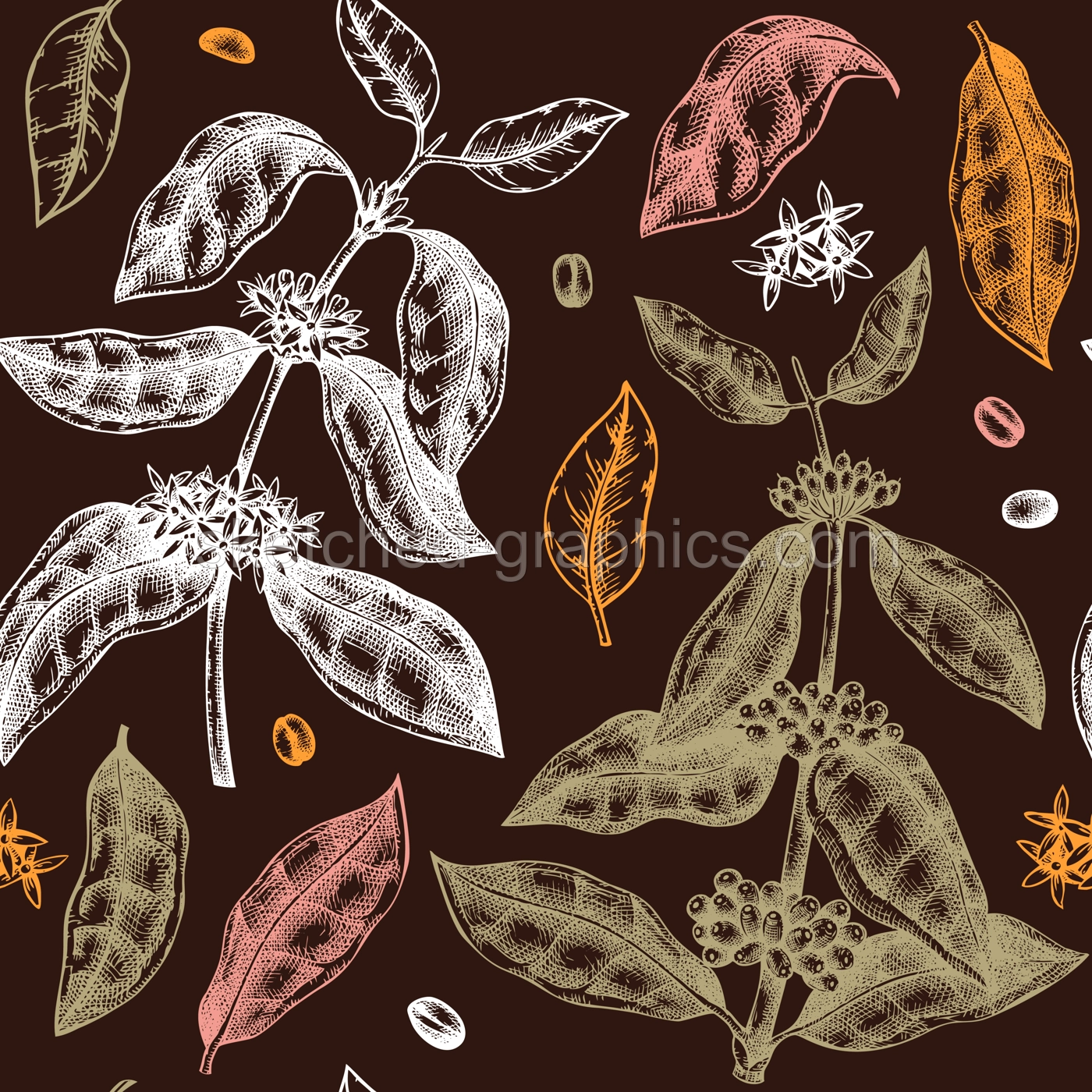 Hand sketched coffee plant seamless pattern. Vector background with hand drawn leaves, flowers, beans and fruits illustrations. For packaging, wrapping paper, brands, fabrics. Illustration
